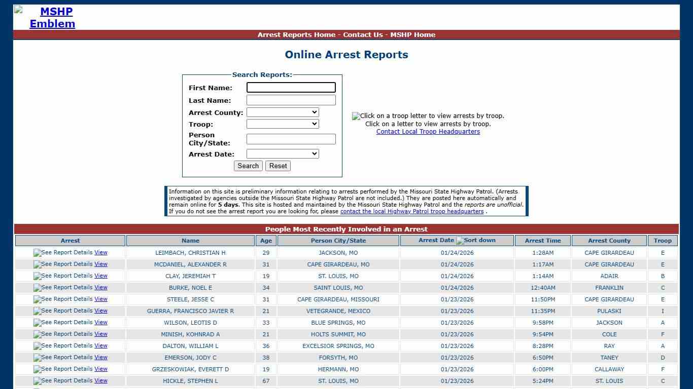Missouri State Highway Patrol - Arrest Reports